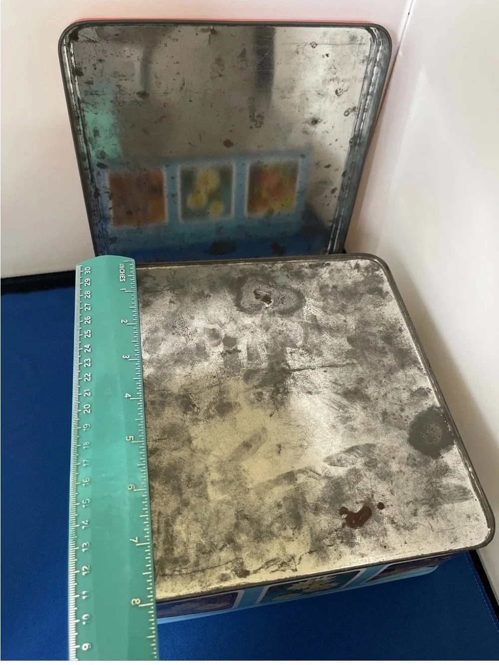 Vintage Blue Floral Decorative Storage Tin - Orange Accents